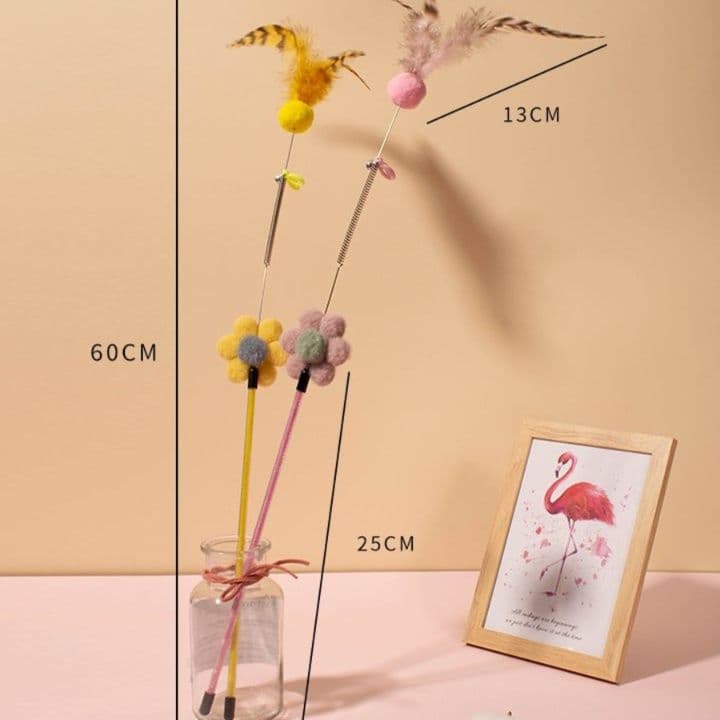 猫 おもちゃ お花の羽根付き伸縮じゃらし棒