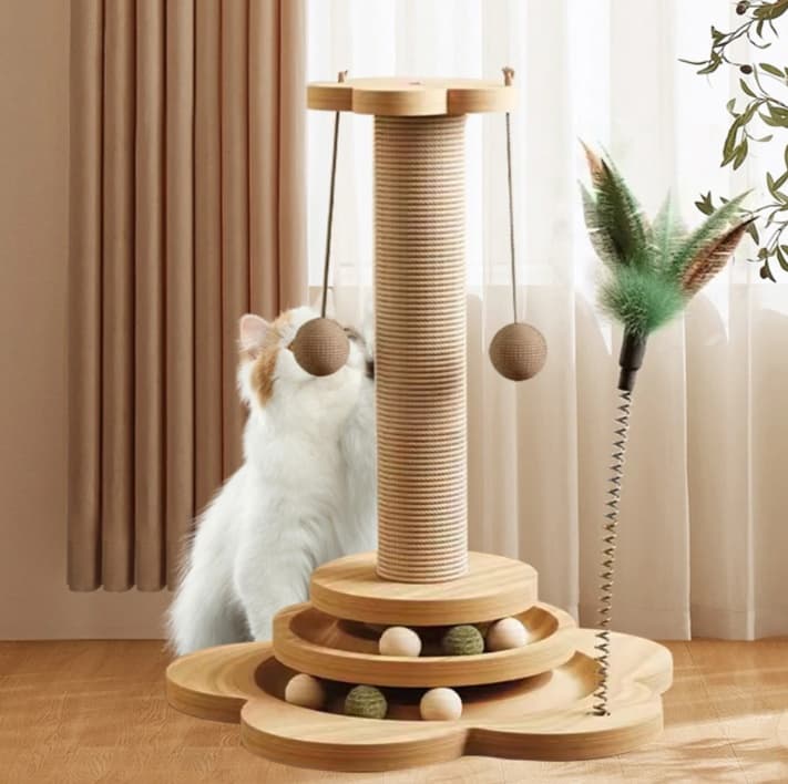 猫 おもちゃ 木製タワー型 猫じゃらし&ボール遊びセット
