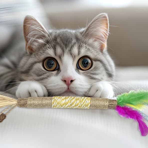 猫 おもちゃ 天然素材の羽根付き歯磨き猫じゃらし