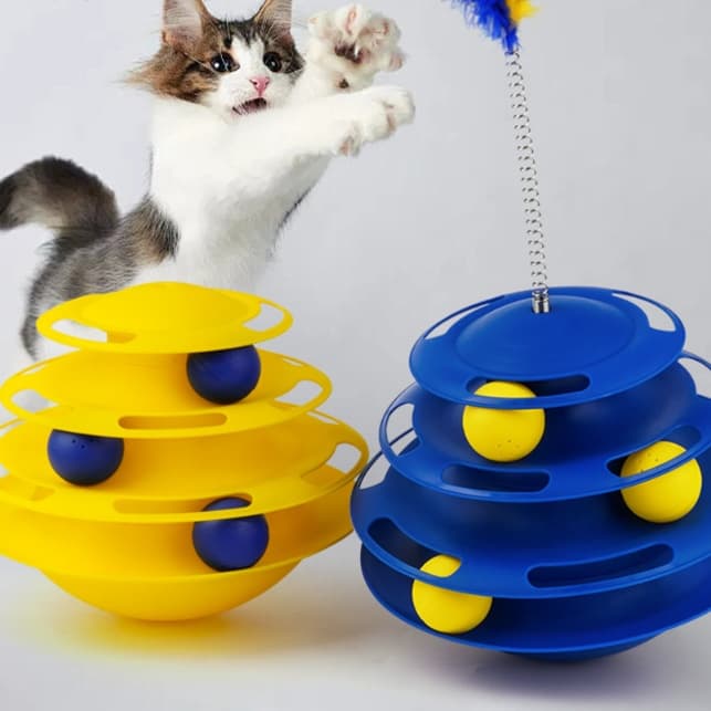猫 おもちゃ 転がる玉を追いかける三層タワー型猫じゃらし