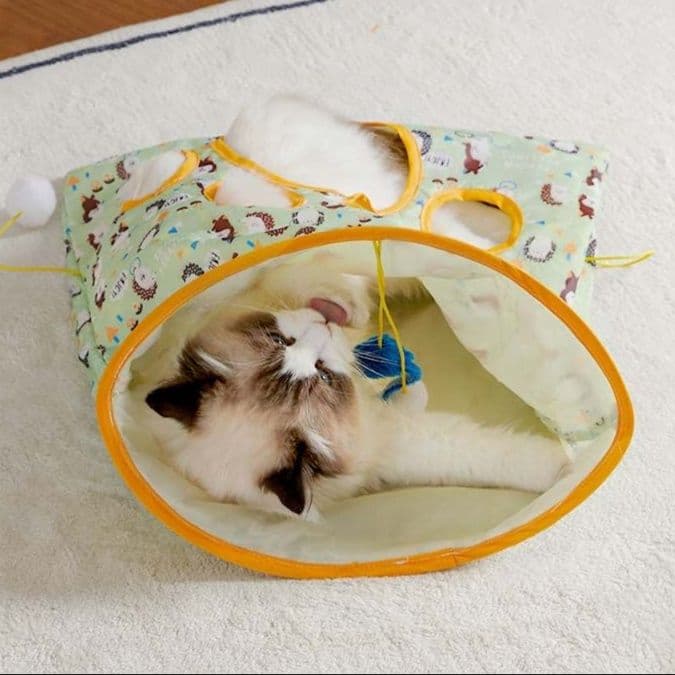 猫 おもちゃ 折りたたみトンネル型 猫じゃらし付きハウス